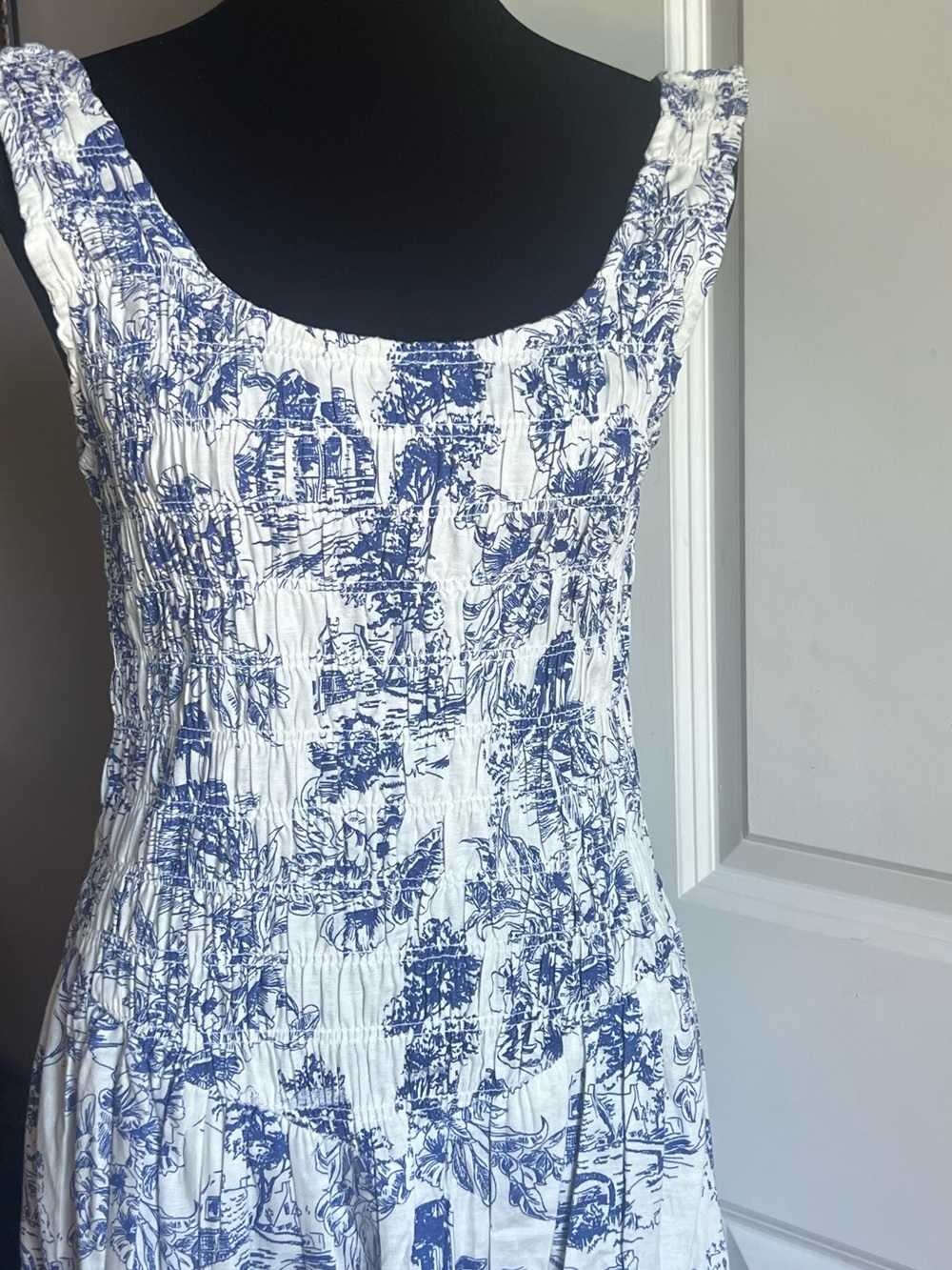 White and Blue Toile Maxi Dress - Smocked Bodice - Picture 2 of 6